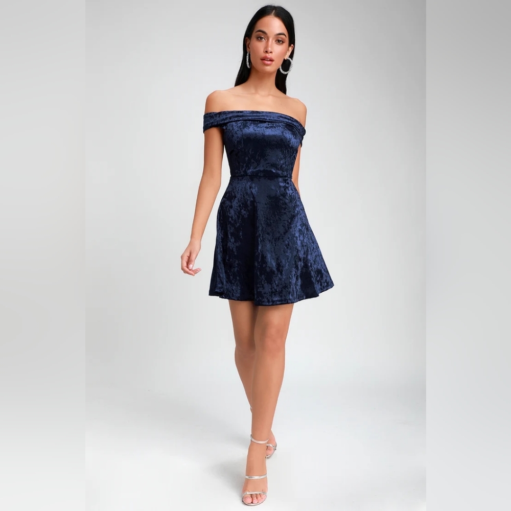 Lulu's Season of Fun Navy Blue Velvet Off-the-Shoulder Skater Dress